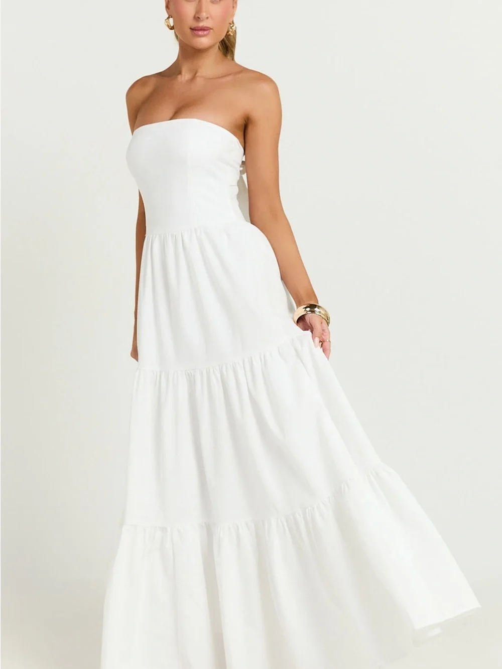 SHOWPO Trish Strapless Tiered Maxi Dress In White - Picture 4 of 7